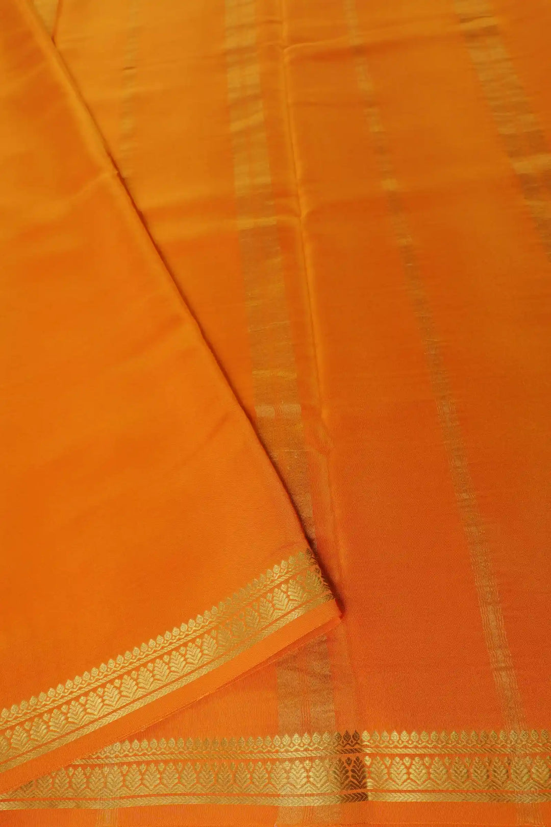 Mysore Silk Saree in Dark Brown with Orange Pallu and Golden Lace