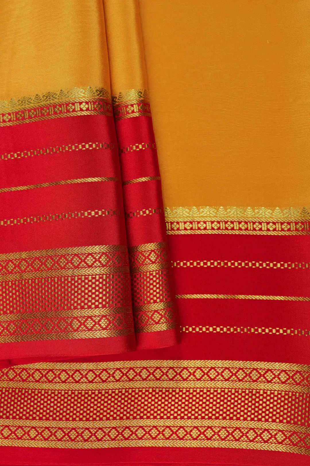 Mysore Silk Saree in Golden Yellow with Traditional Red and Gold Zari Border
