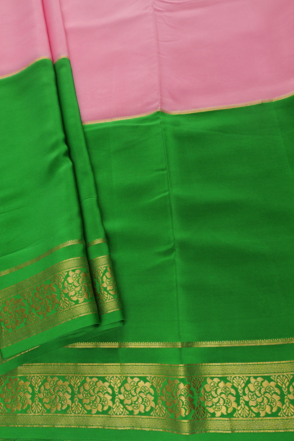 Mysore Silk Saree in Green and Pink with Gold Border