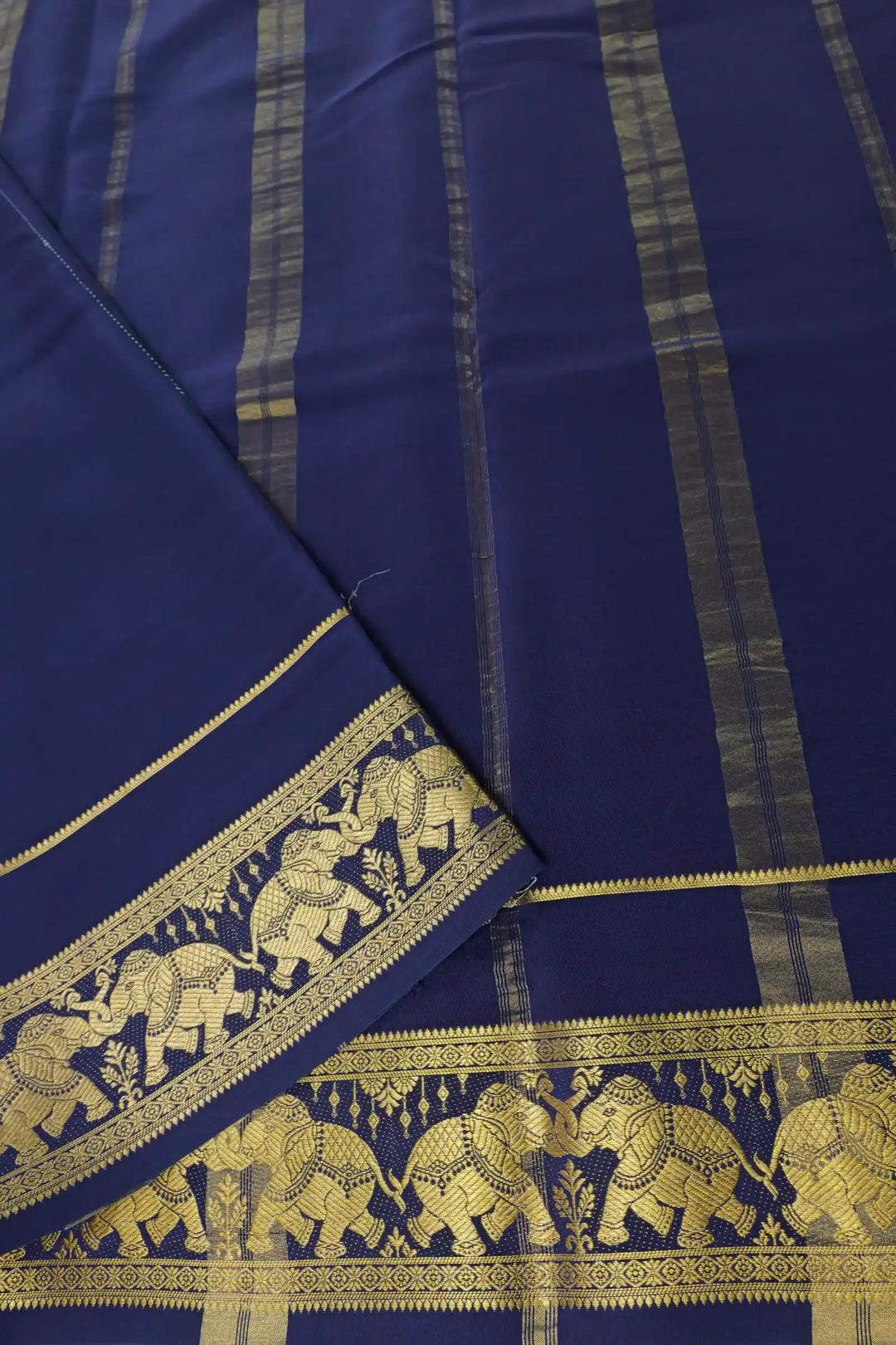 Mysore Silk Saree in Green with Blue Pallu and Gold Elephant patterns