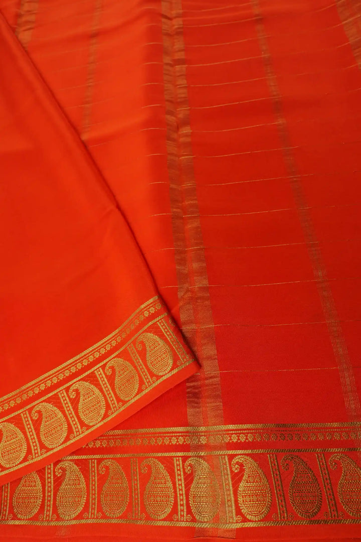 Mysore Silk Saree in Ivory Color with Orange Pallu and Golden Design