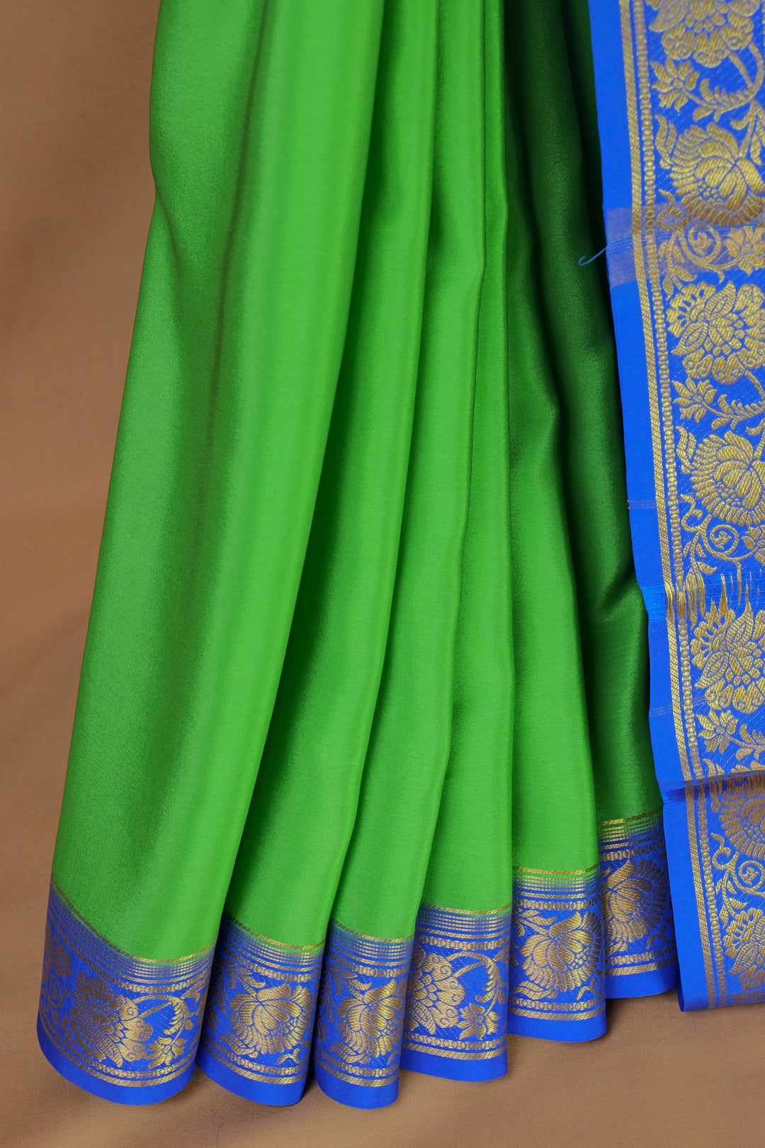  Mysore Silk Saree in Leaf Green & Royal Blue with Zari Borders