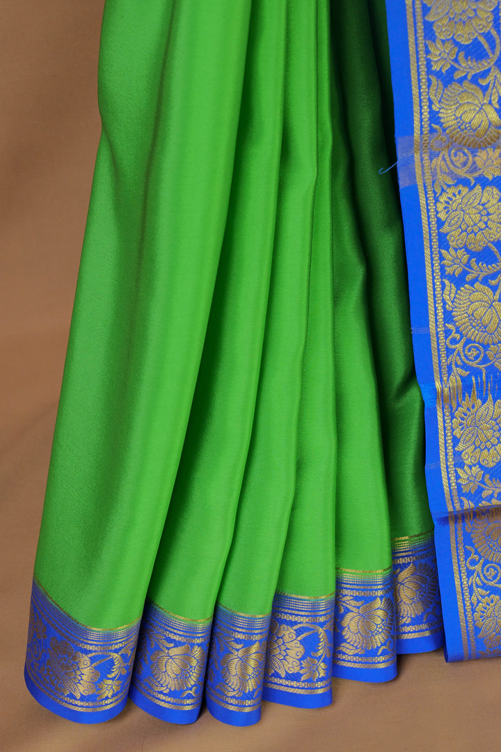  Mysore Silk Saree in Leaf Green & Royal Blue with Zari Borders