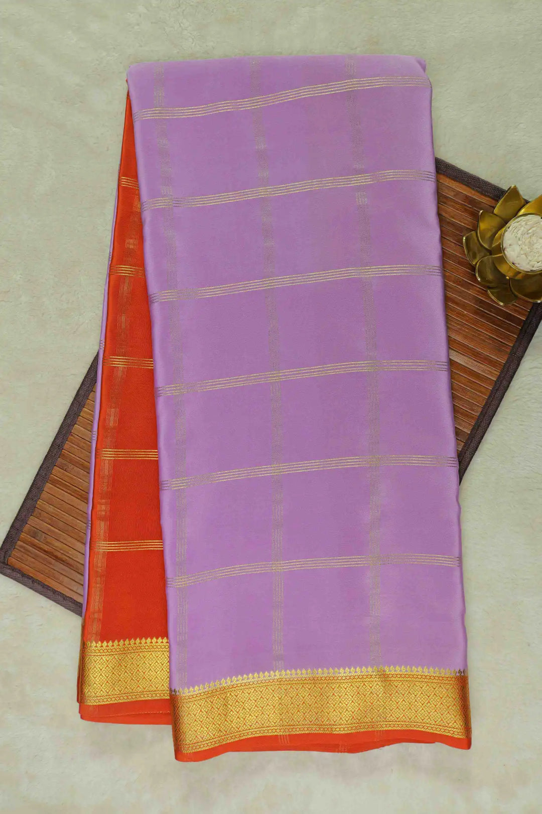 Mysore Silk Saree in Light Purple with Orange Pallu and Gold Border