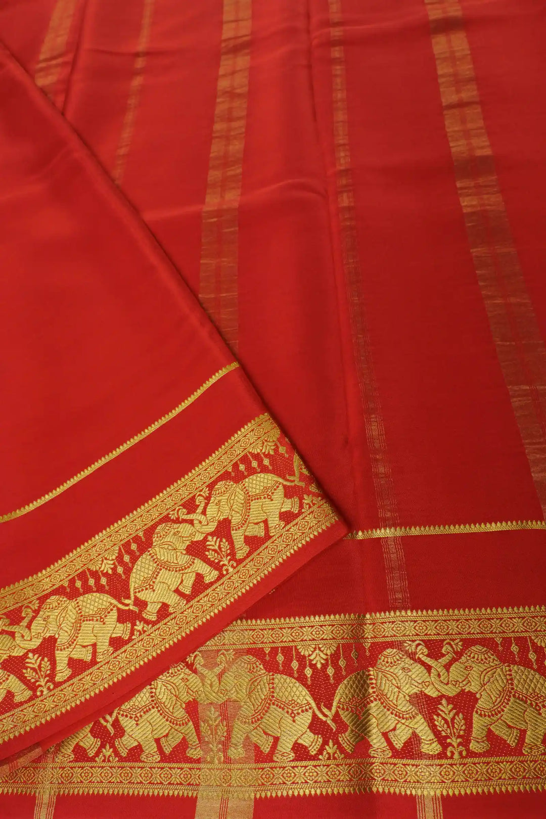 Mysore Silk Saree in Mango Orange with Red Pallu and Gold  Elephant Border