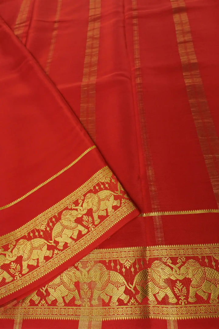 Mysore Silk Saree in Mango Orange with Red Pallu and Gold  Elephant Border