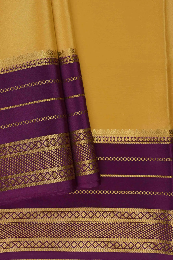 Mysore Silk Saree in Mustard Yellow with Traditional Purple and Gold Zari Border