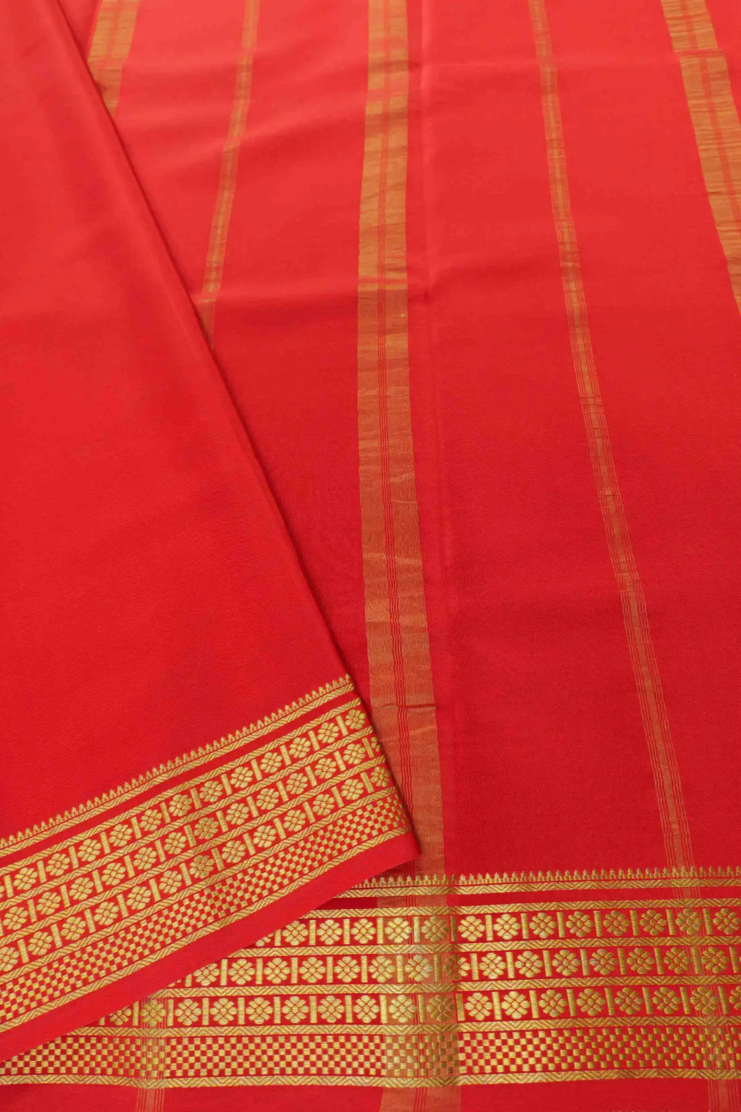 Mysore Silk Saree in Navy Blue with Red Pallu and Golden Motifs