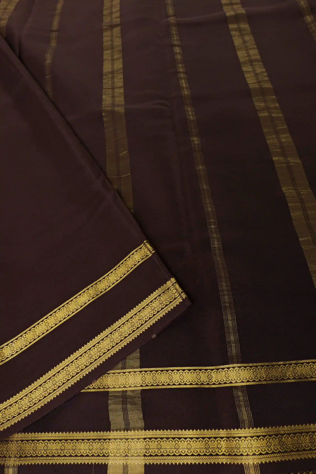 Mysore Silk Saree in Off White with Brown Pallu and Golden Lace