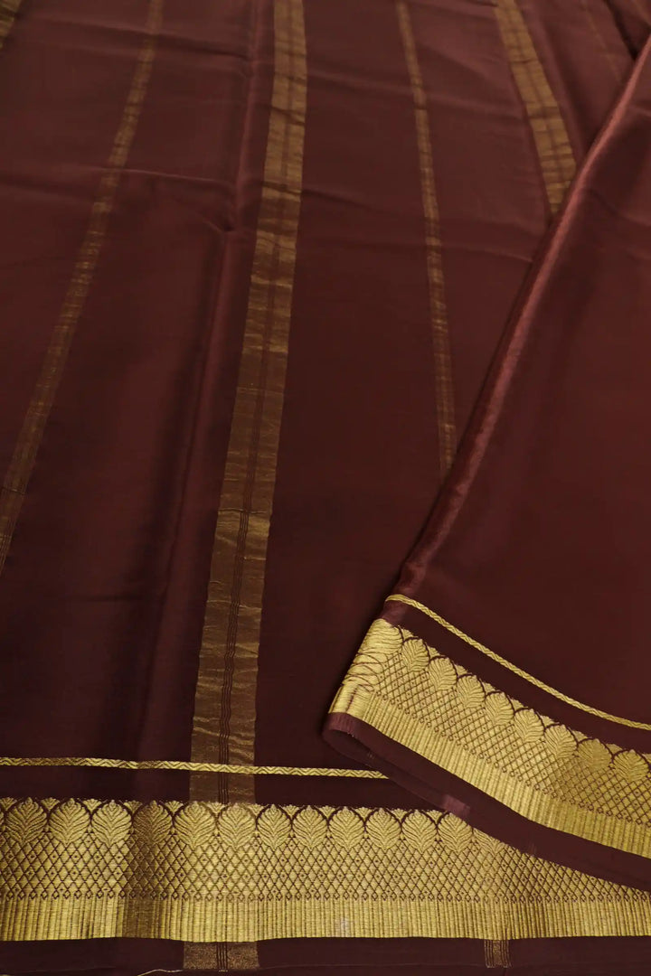 Mysore Silk Saree in Orange Color with Brown Pallu and Golden Lace