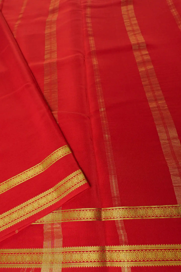 Mysore Silk Saree in Orange Color with Red Pallu and Golden Lace