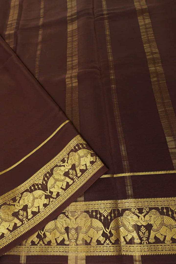 Mysore Silk Saree in Orange with Brown Pallu and Elephant Border