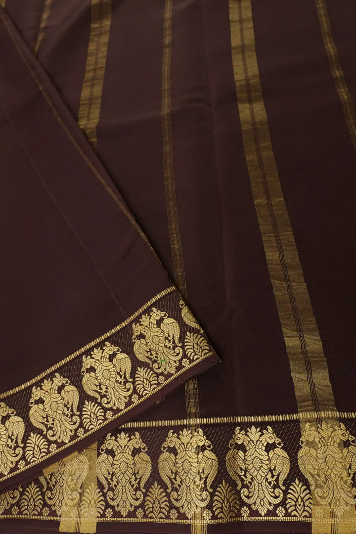 Mysore Silk Saree in Orange with Brown Pallu and Gandaberunda