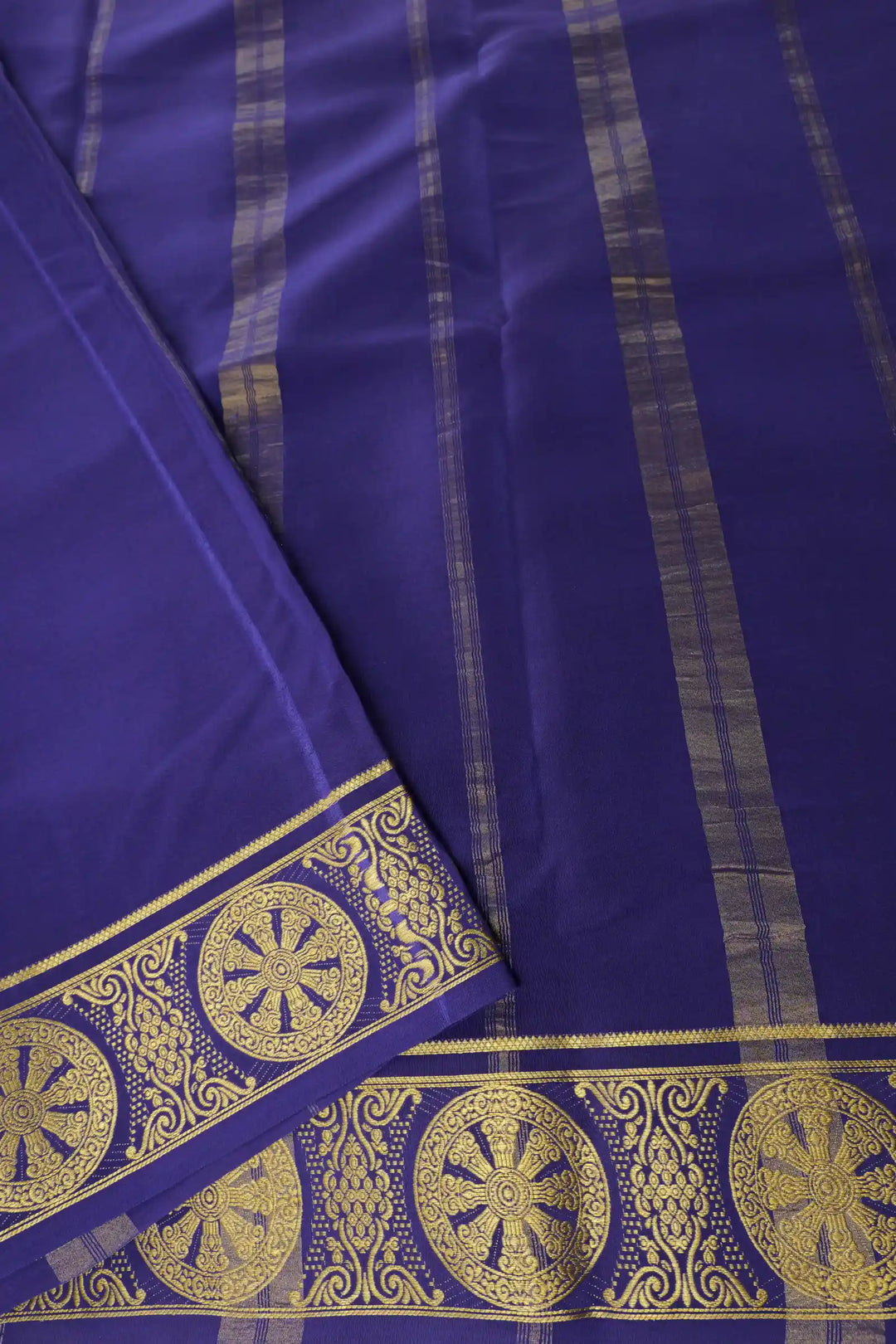 Mysore Silk Saree in Parrot Green with Purple Pallu and Golden Design