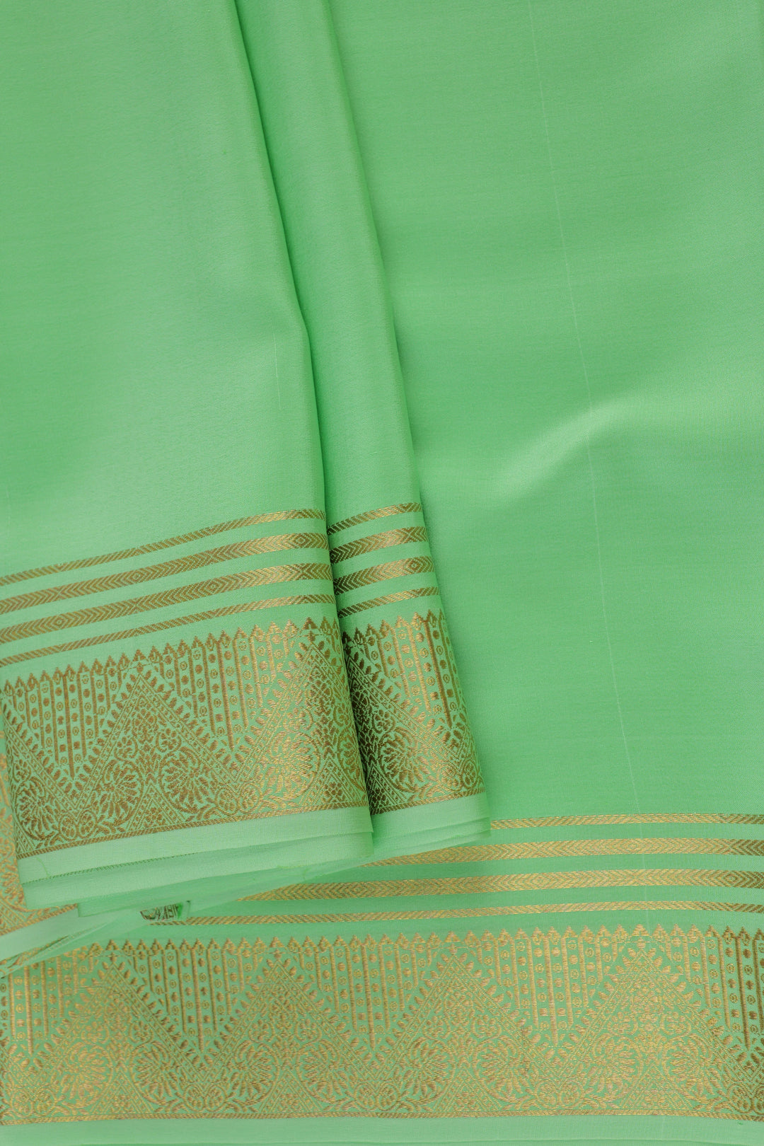 Mysore Silk Saree in Pastel Green Shade with Golden Contrast Blouse