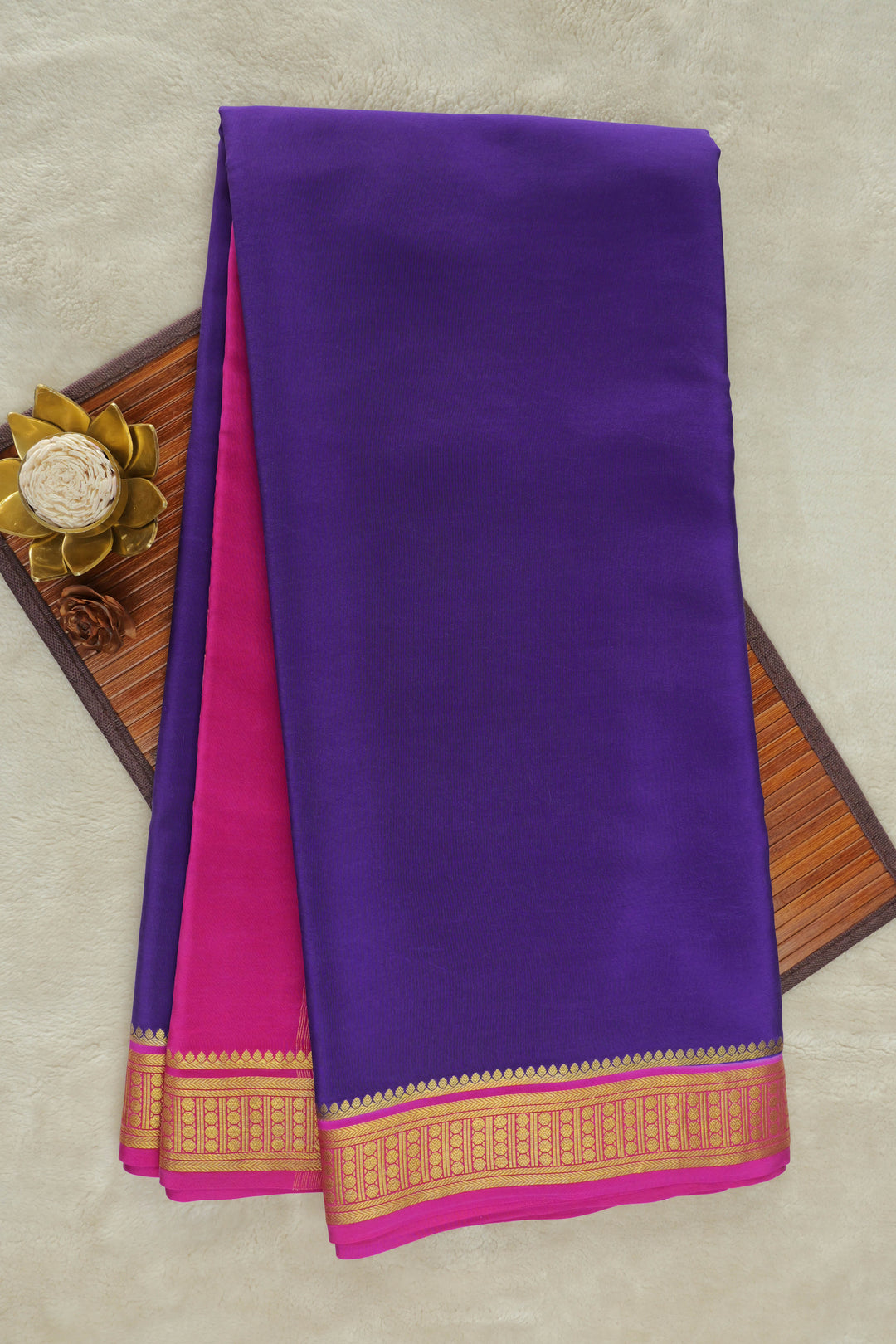 Mysore Silk Saree in Purple with Contrasting Pink Border
