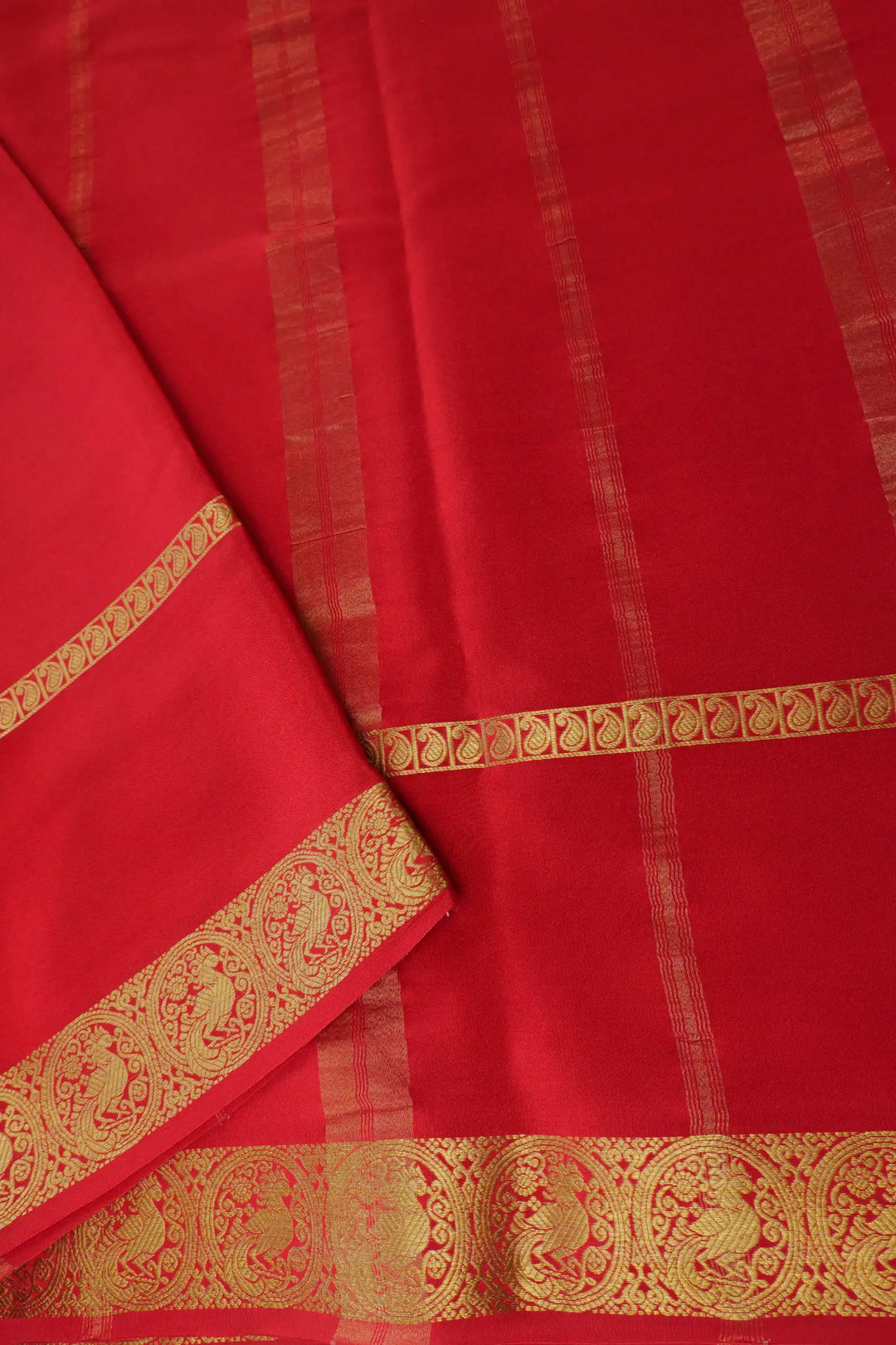  Mysore Silk Saree in Red Color with Peacock Border