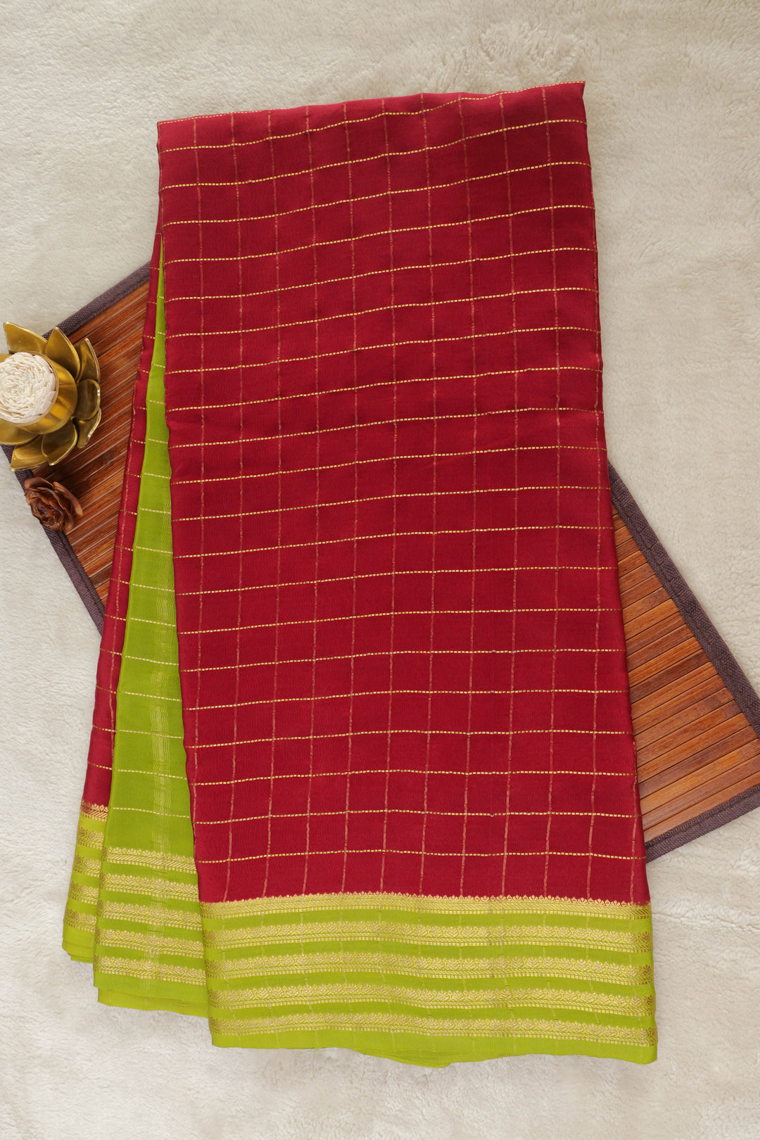 Mysore Silk Saree in Red with Green Bottom Border