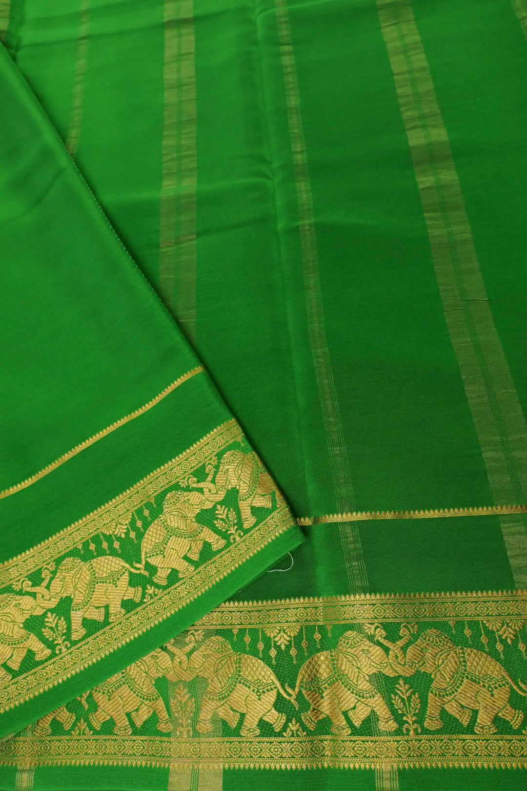 Mysore Silk Saree in Red with Green Pallu and Elephant Border