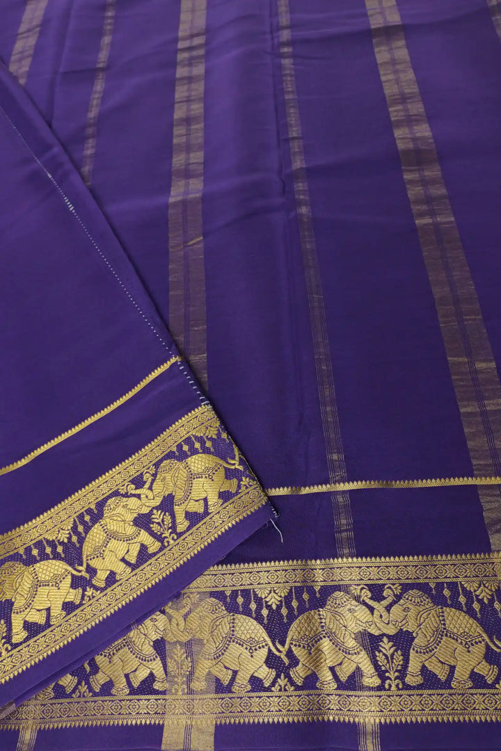 Mysore Silk Saree in Red with Purple Pallu and gold elephant patterns