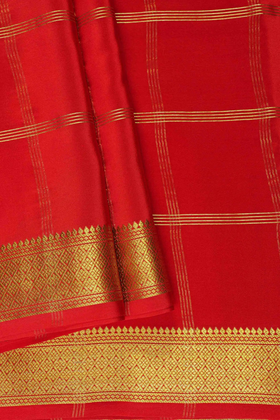  Mysore Silk Saree in Rich Red with Gold Striped Border and Pallu
