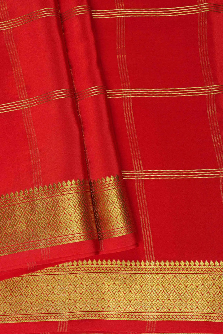  Mysore Silk Saree in Rich Red with Gold Striped Border and Pallu