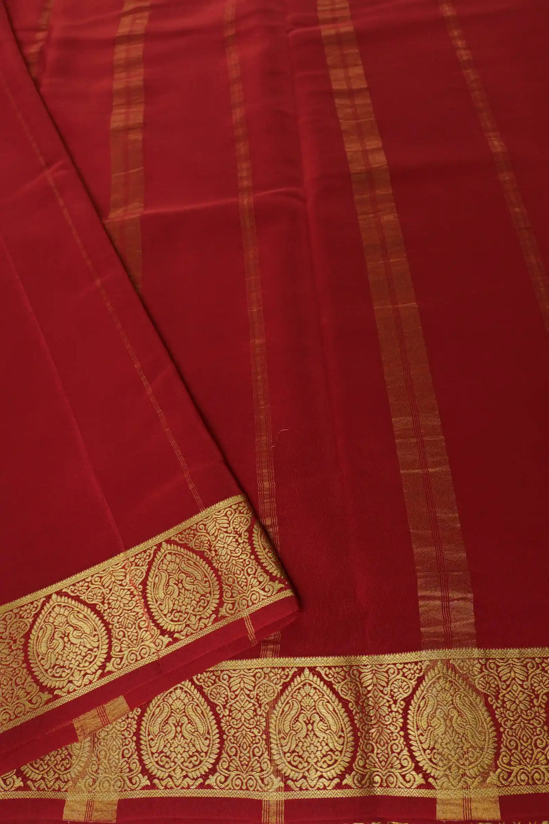 Mysore Silk Saree in Turmeric Yellow with Maroon Pallu and Gold Work