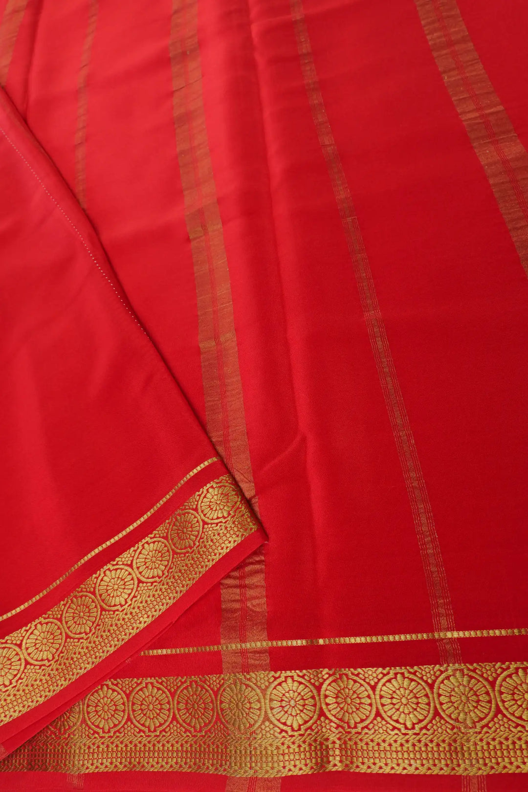 Mysore Silk Saree in White and Red Color with Flower Border