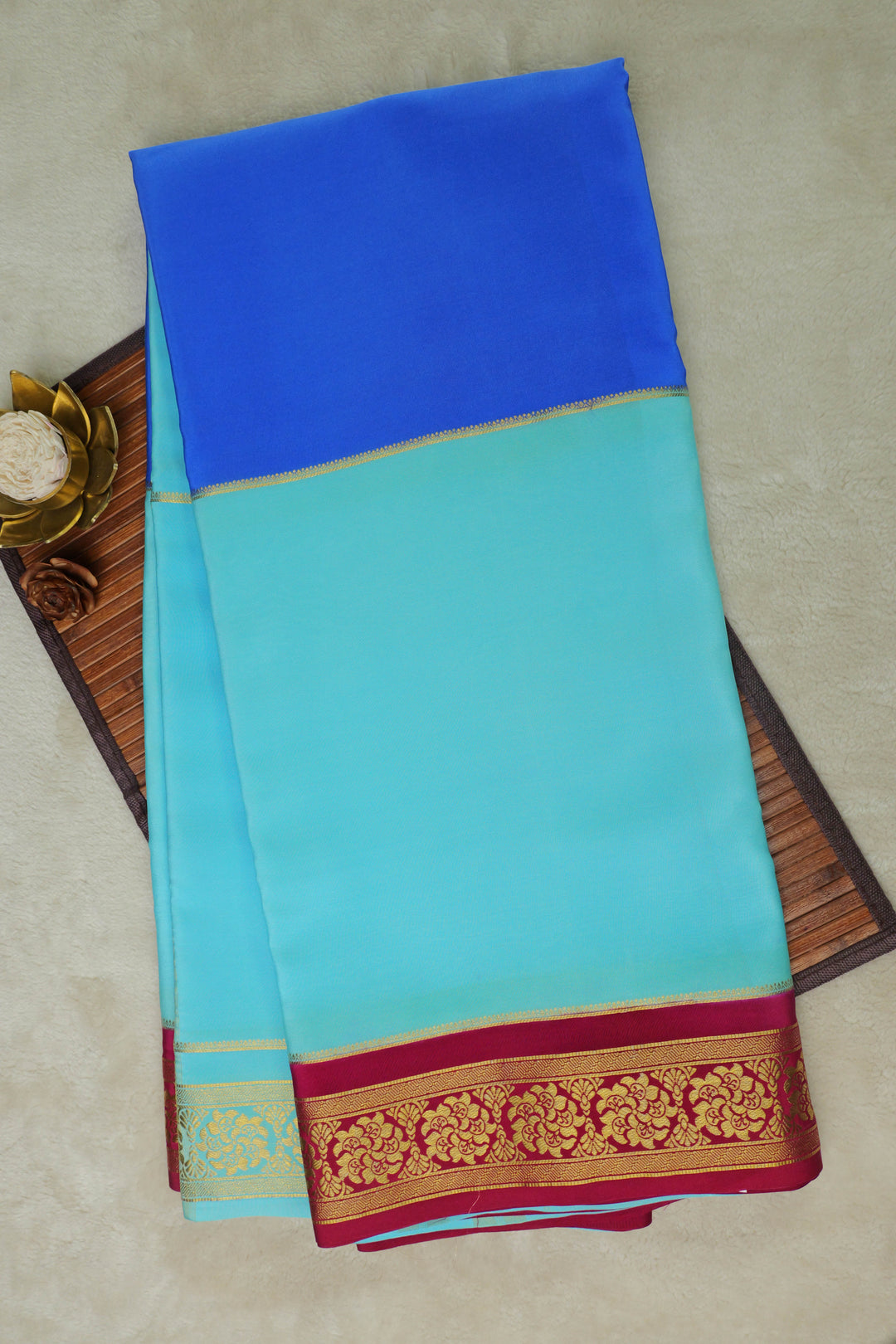 Mysore Silk Saree in dual shades of blue and sea green with a striking red border