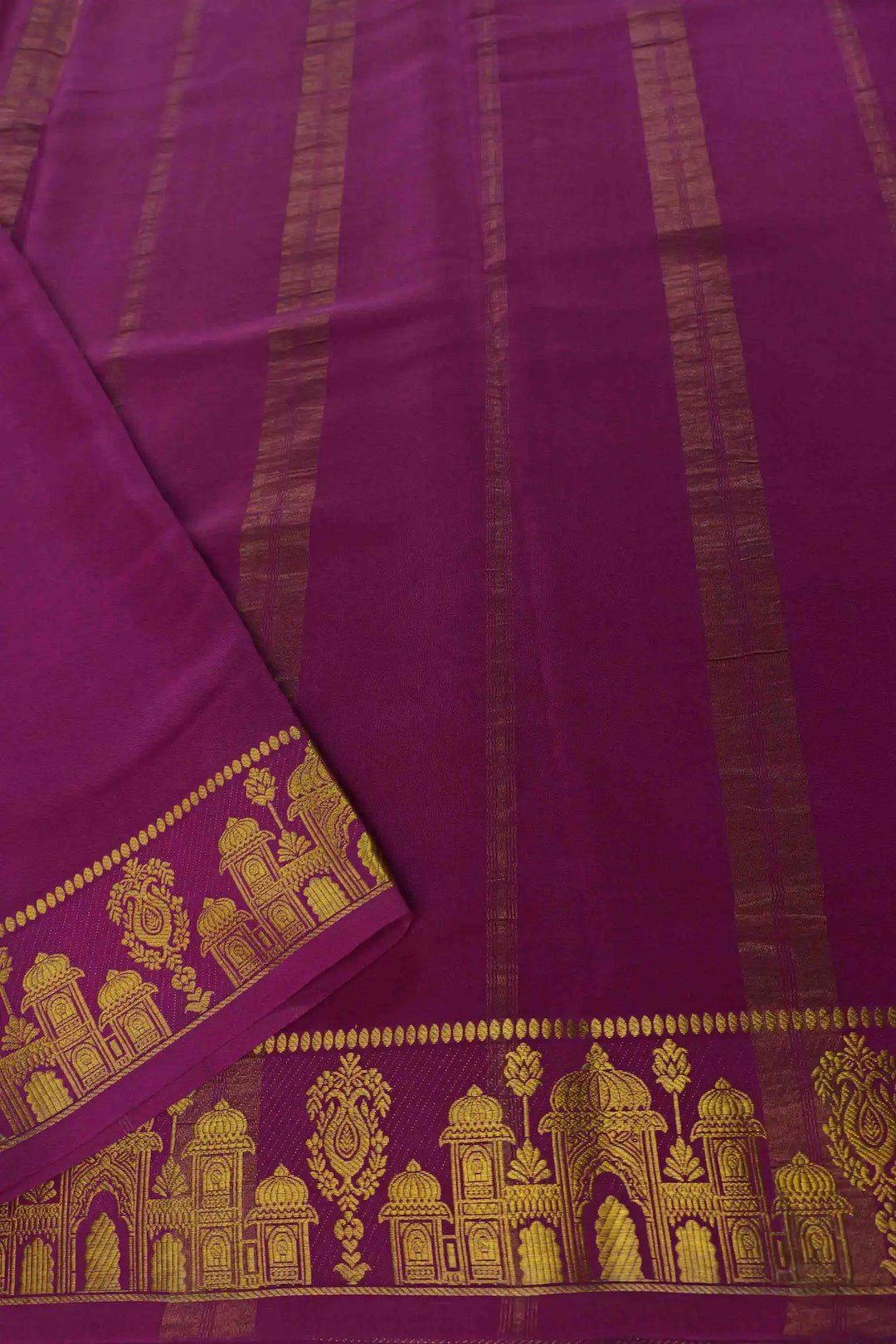 Mysore Silk Saree in green with purple pallu and gold motifs