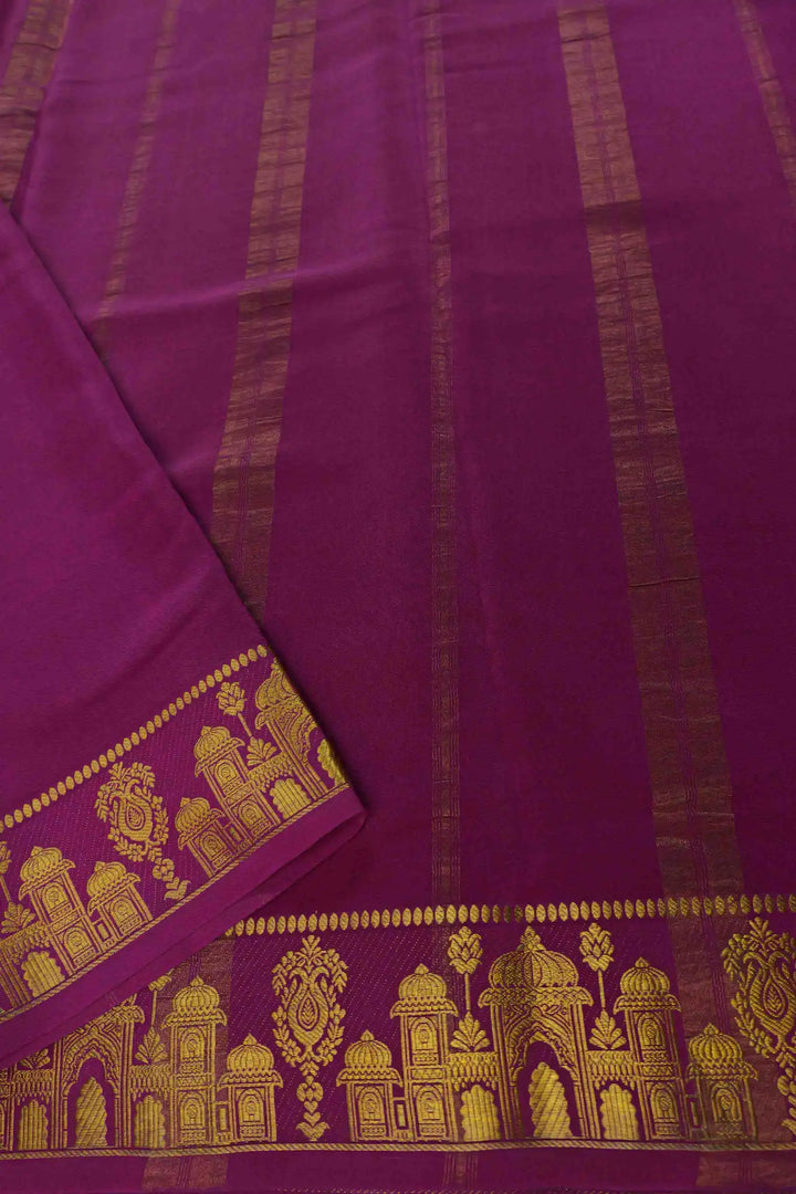 Mysore Silk Saree in green with purple pallu and gold motifs