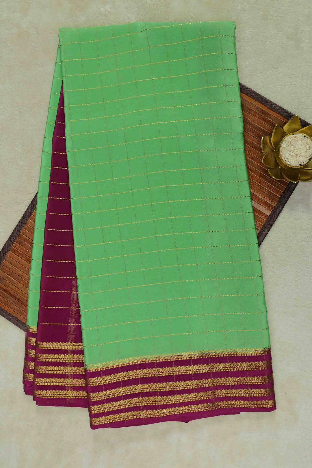 Mysore Silk Saree in light green with gold checks and maroon border