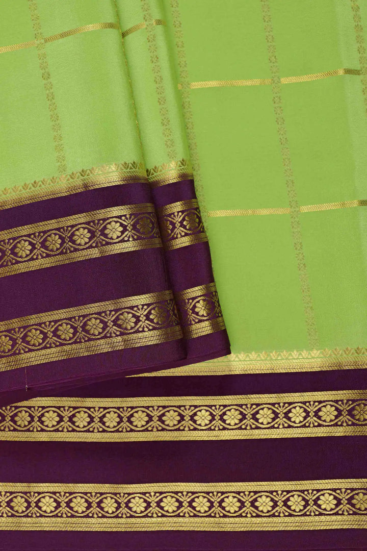 Mysore Silk Saree in mint green with purple and golden checked border