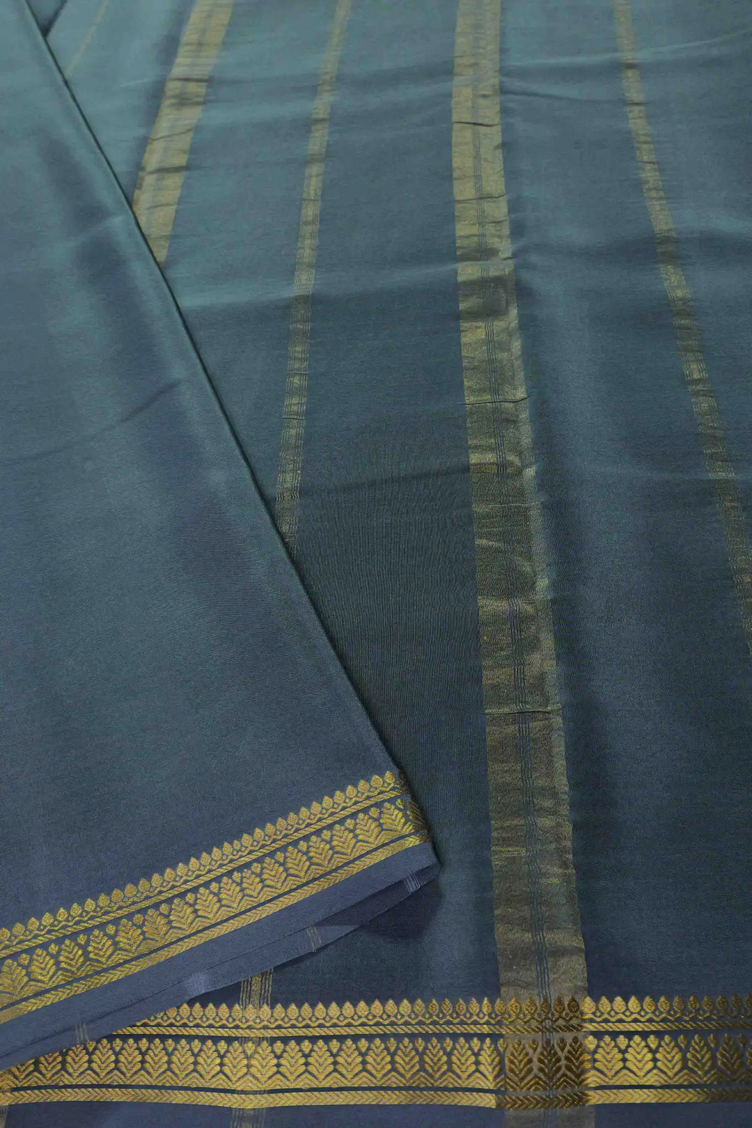 Mysore Silk Saree in teal blue with golden border and pallu