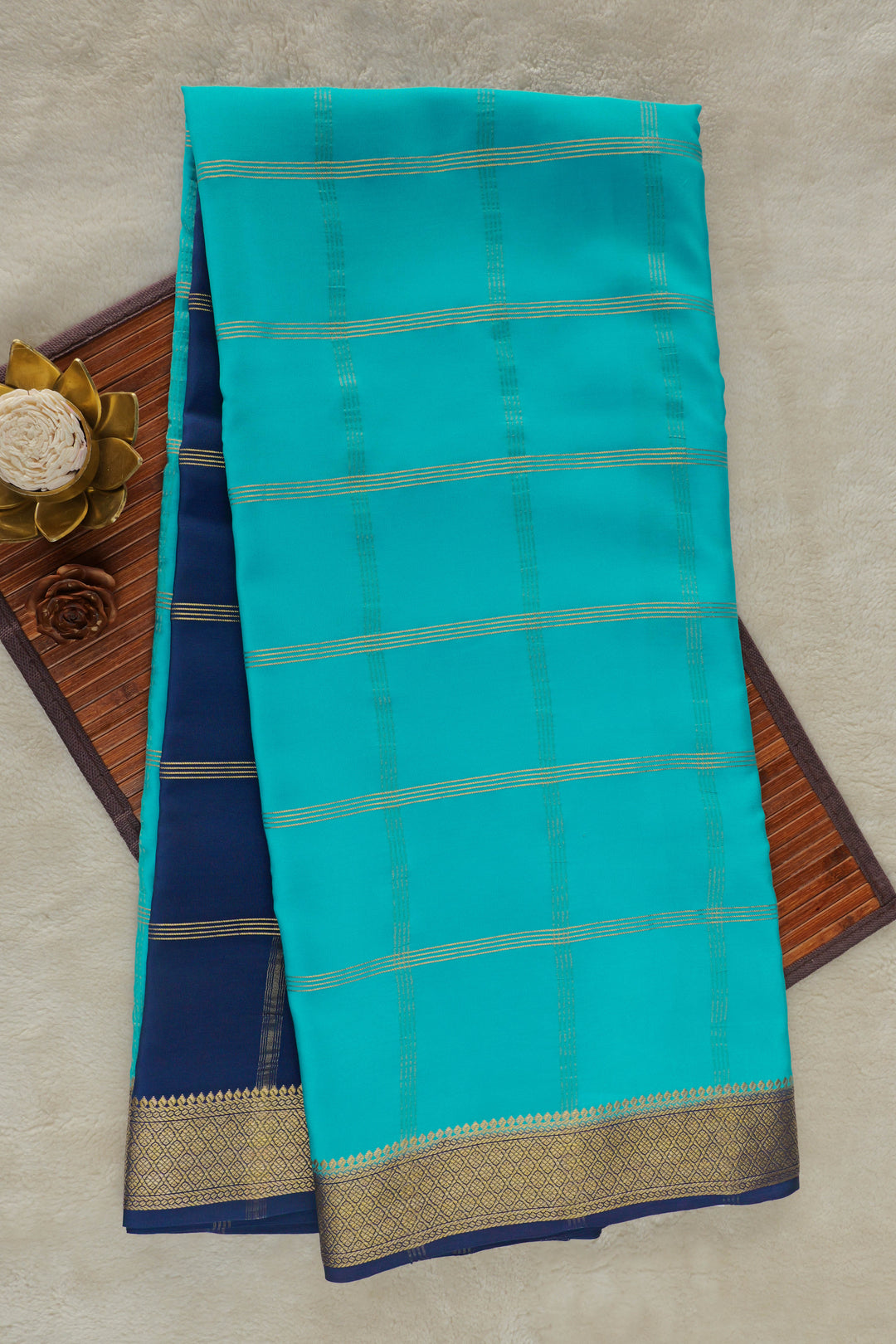 Mysore Silk Saree with Navy Blue Border and Gold Zari