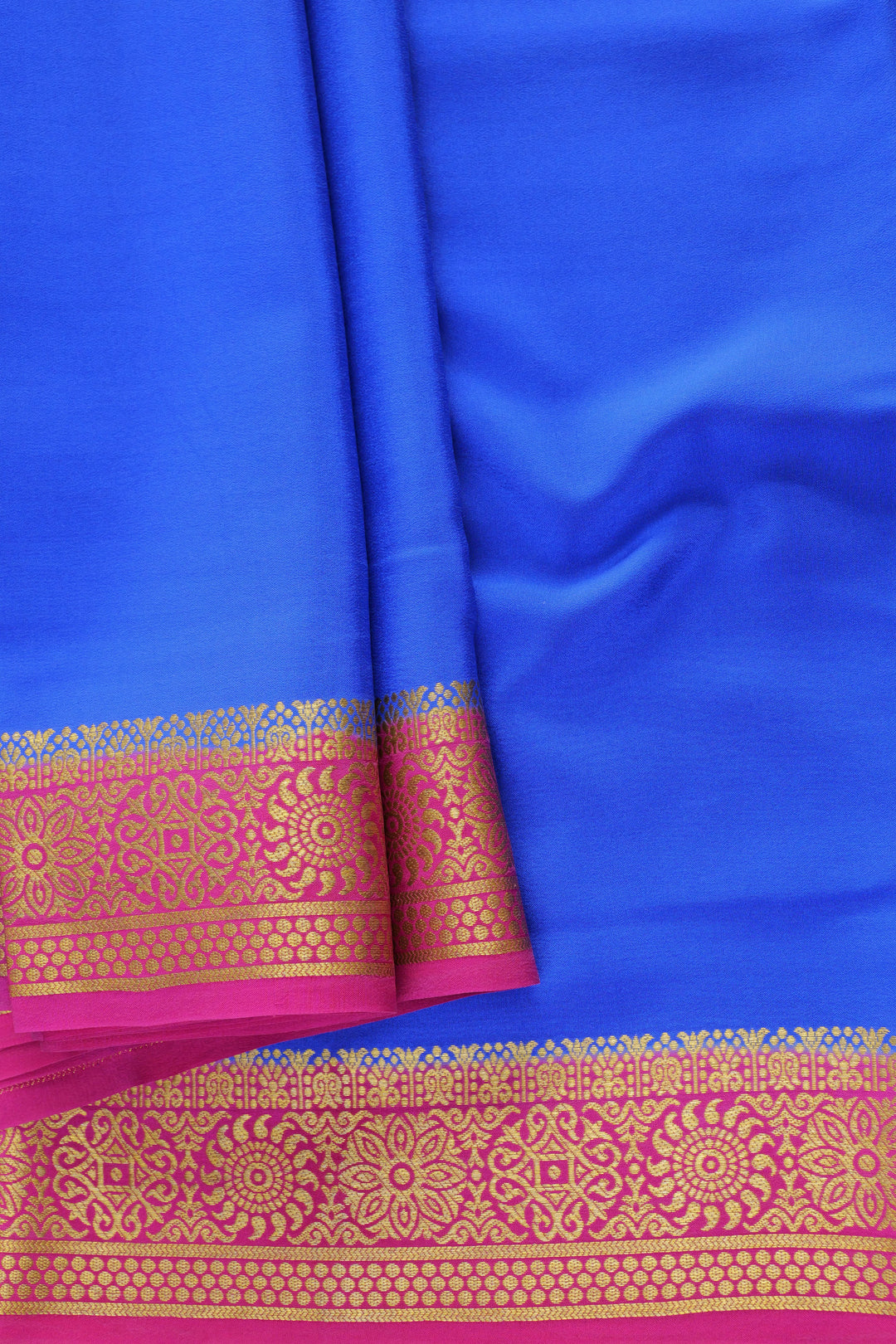 Mysore Silk Saree with bright royal blue body, contrasting pink blouse