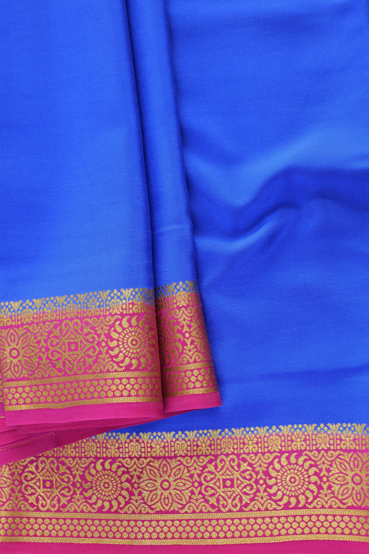 Mysore Silk Saree with bright royal blue body, contrasting pink blouse