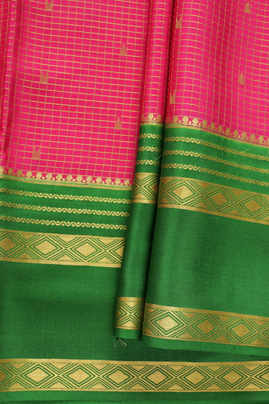 Mysore crepe silk saree in pink and green with gold border