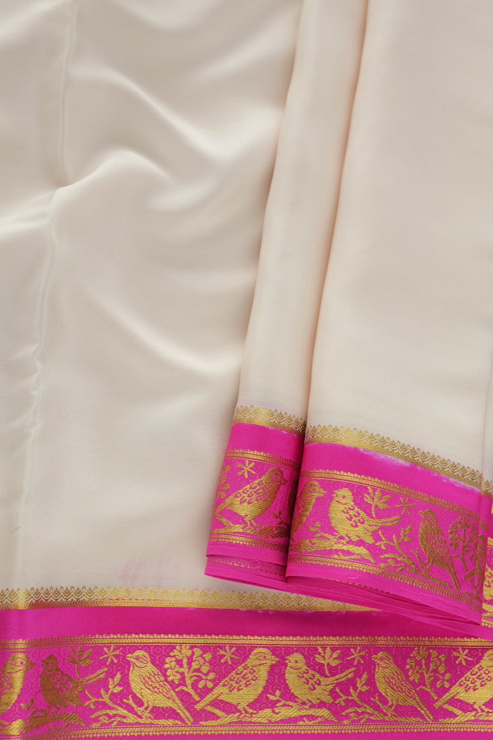 Mysore silk saree in cream and pink combination with gold zari work