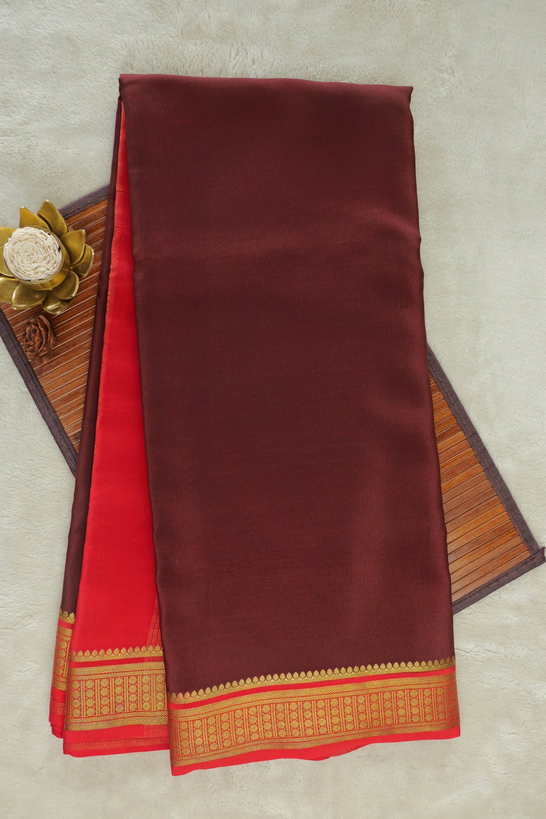 Mysore silk saree in deep brown with bright red border