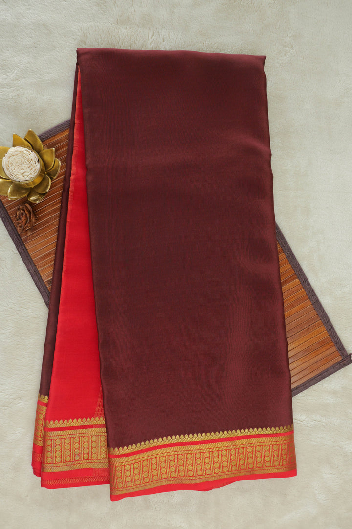 Mysore silk saree in deep brown with bright red border