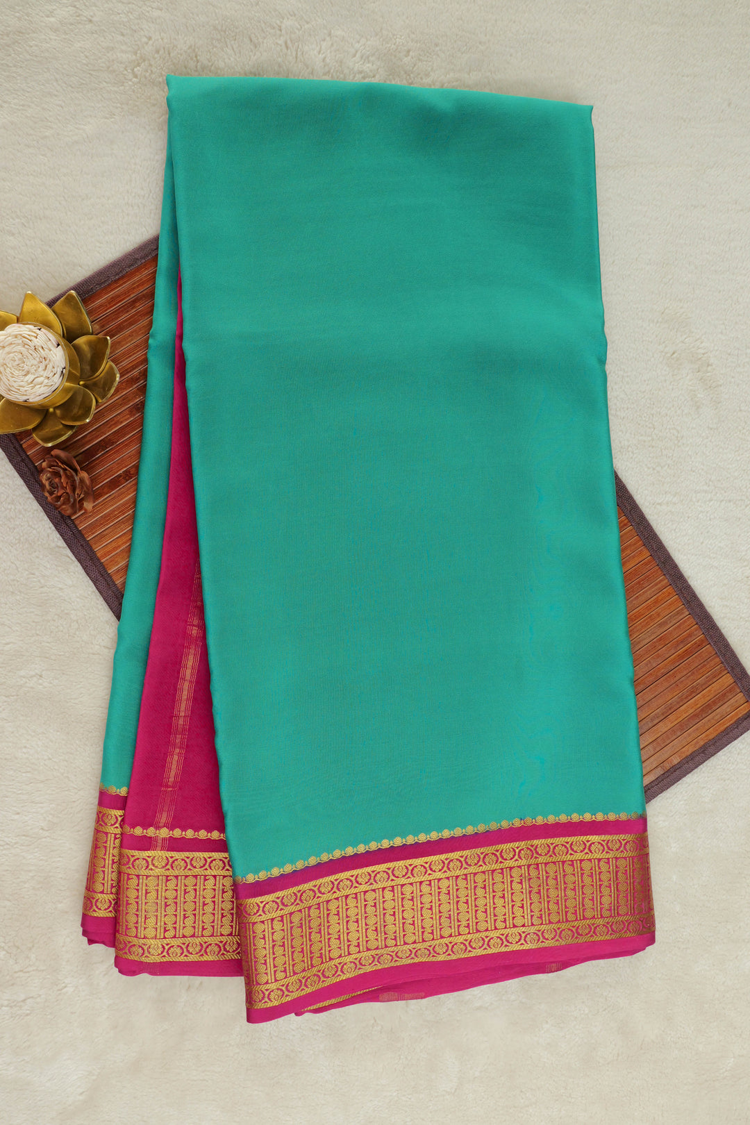 Mysore silk saree in green with pink pallu and gold border