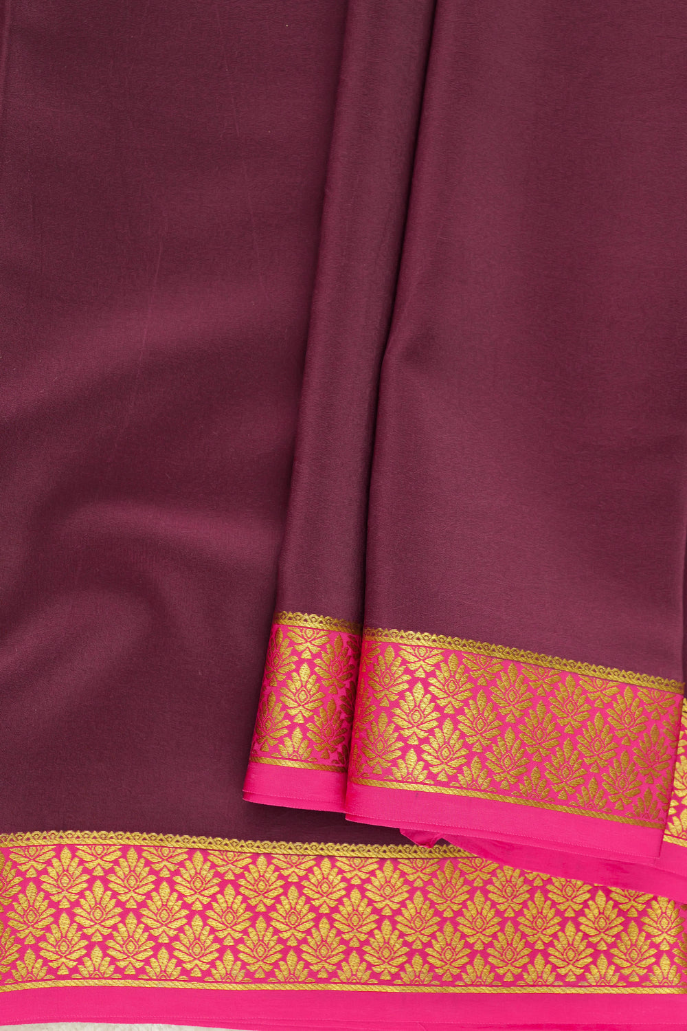 Mysore silk saree in maroon with pink and gold woven border