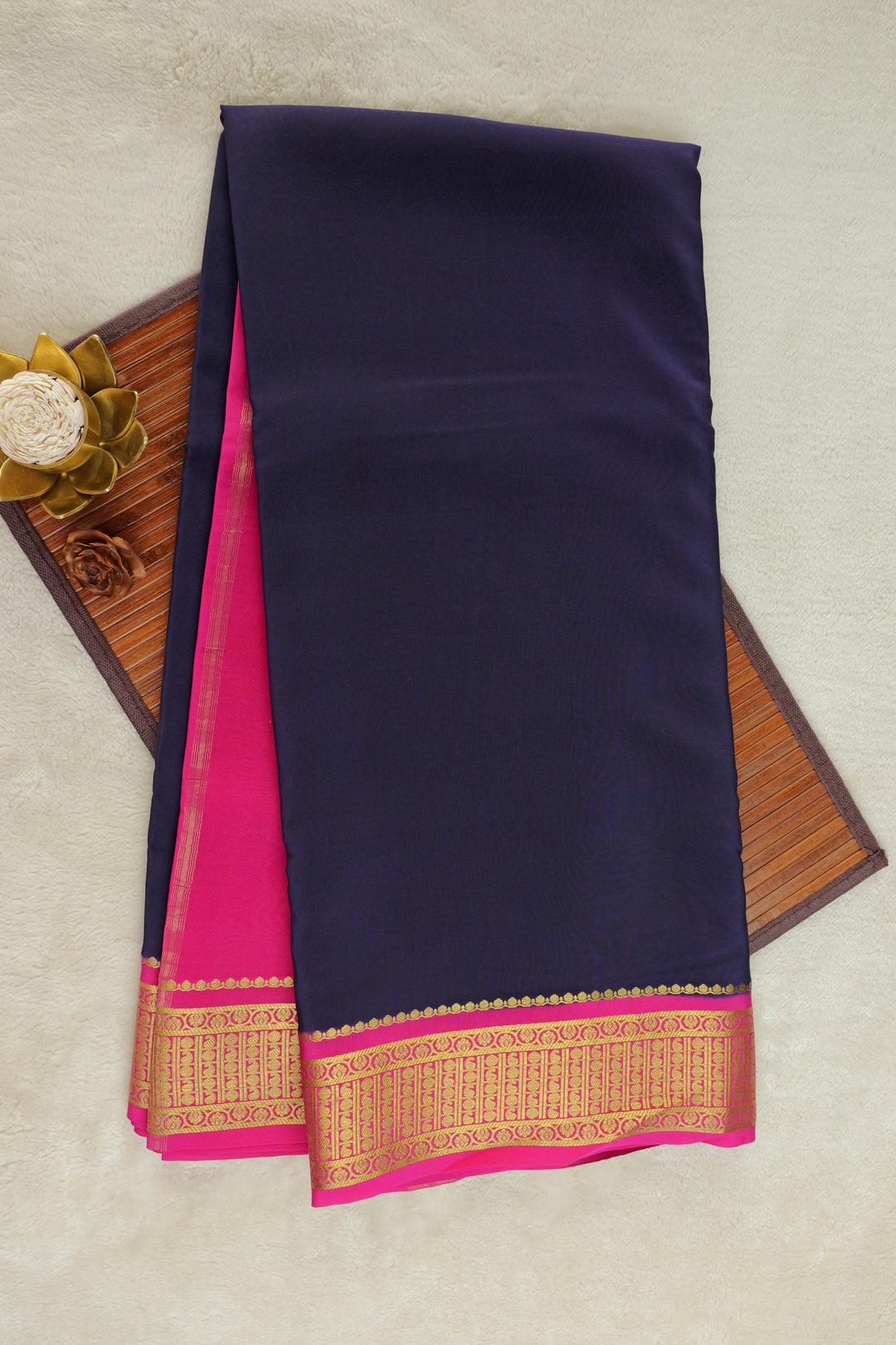 Mysore silk saree in navy blue with pink pallu and gold border