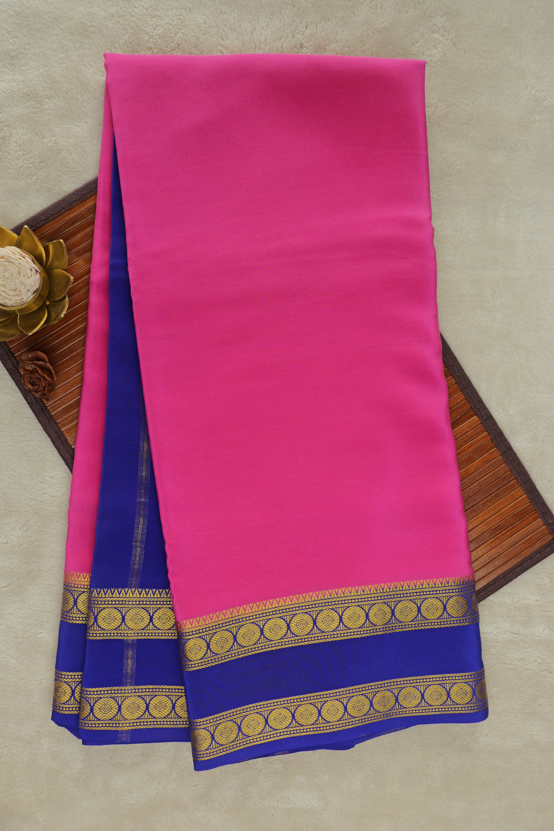Mysore silk saree in pink and blue with gold embroidery