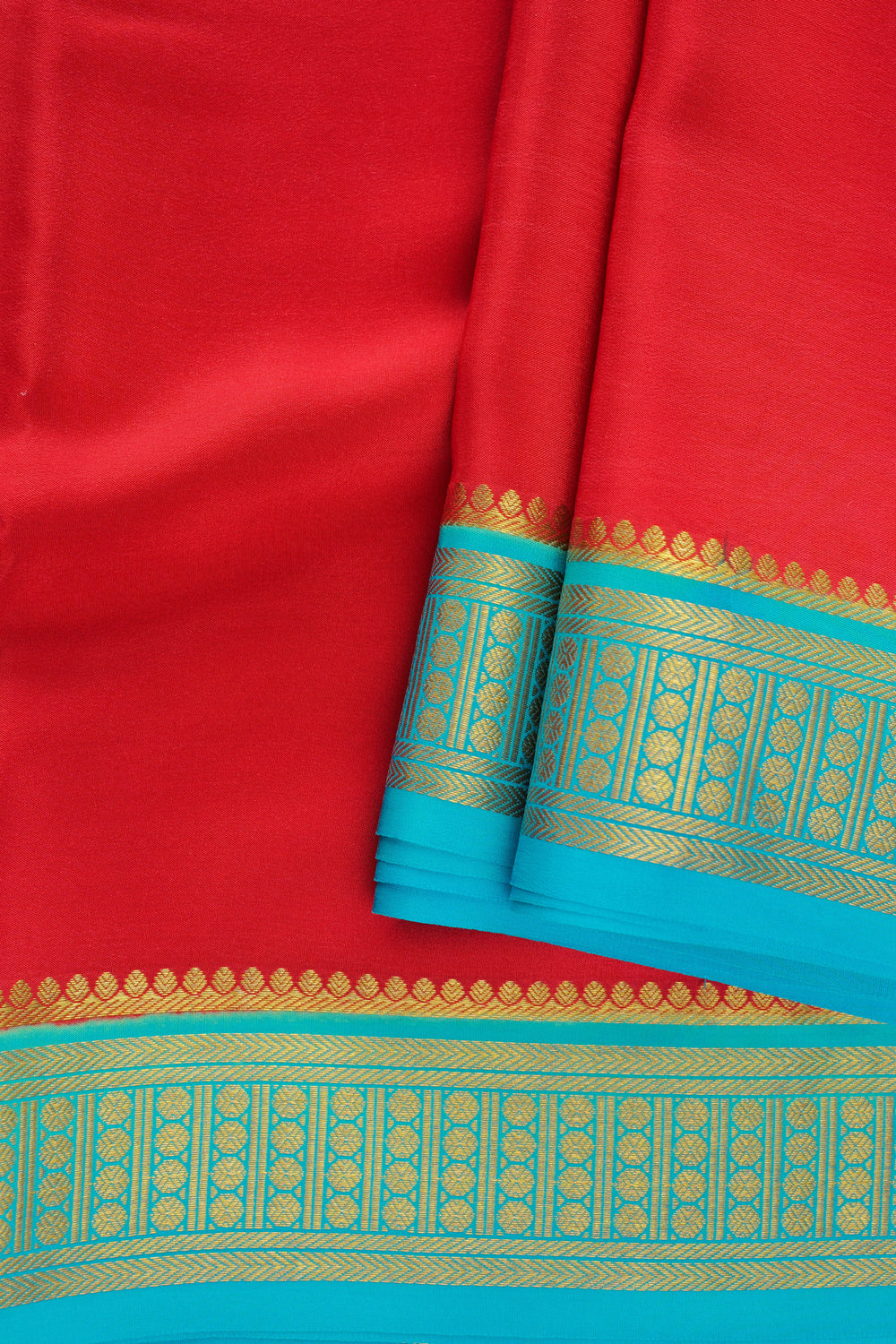 Mysore silk saree in red with blue and gold zari border