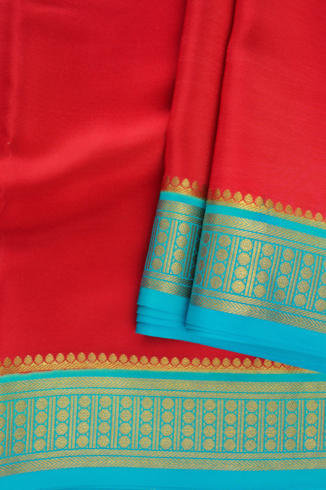Mysore silk saree in red with blue and gold zari border
