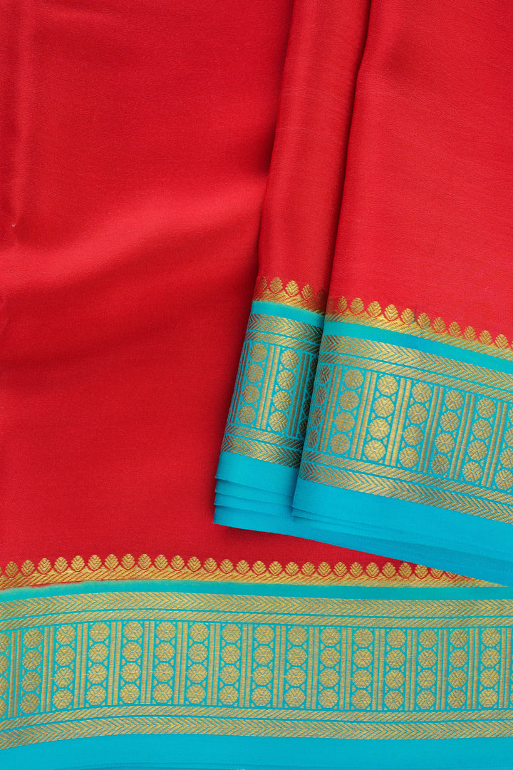 Mysore silk saree in red with blue and gold zari border