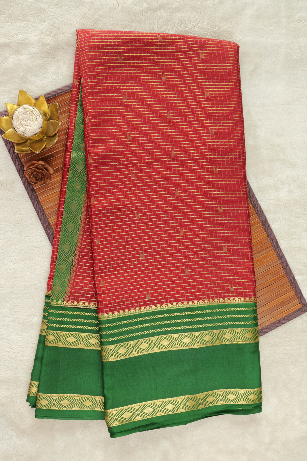 Mysore silk saree in red with green and gold border