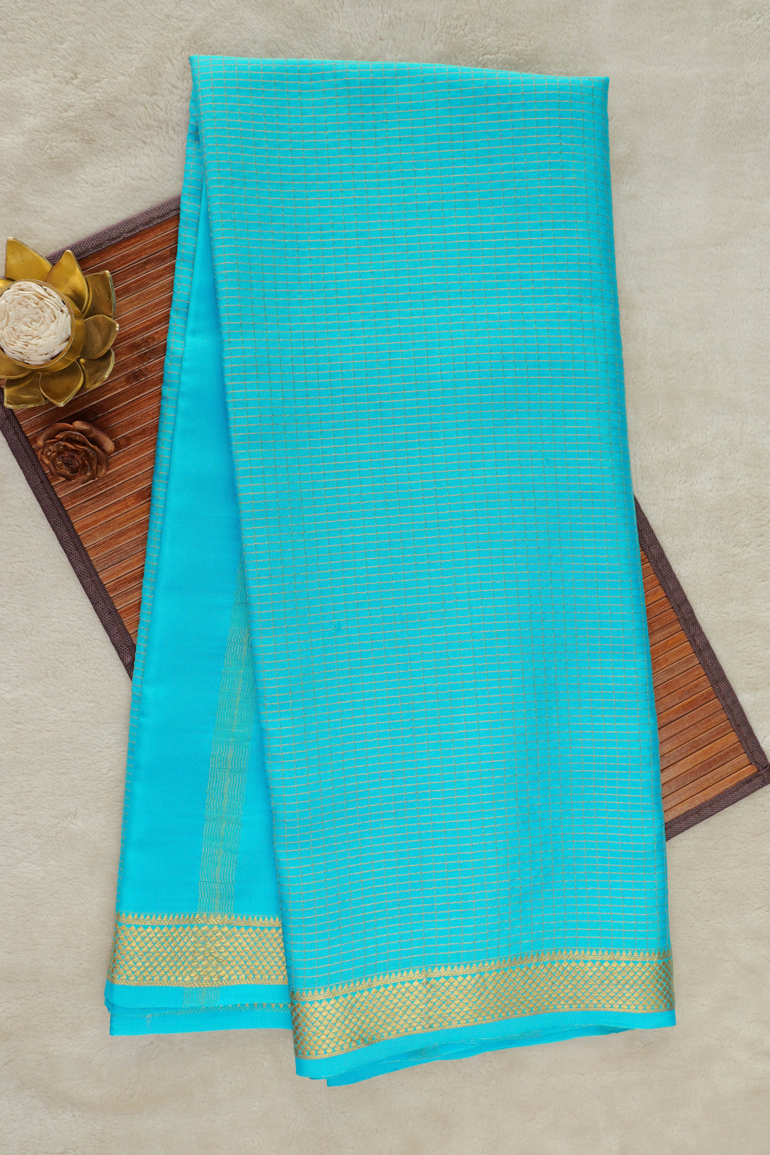 Mysore silk saree in turquoise blue with gold border